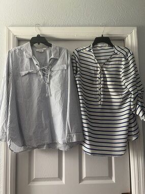 Calvin Klein Blue and White Striped Blouses - Set of 2